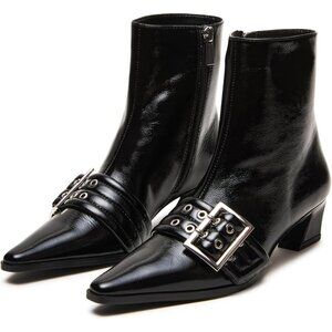Women's Black Buckle Ankle Kitten Low Heel Eyelet Pointy Toe Dress Short Boots